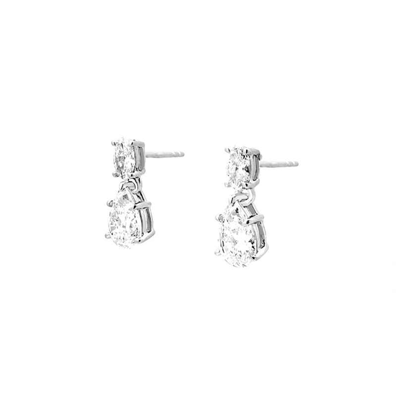 4 Prong Pear Cut Man Made Diamond Drop Earrings With Oval Cut Side Stones