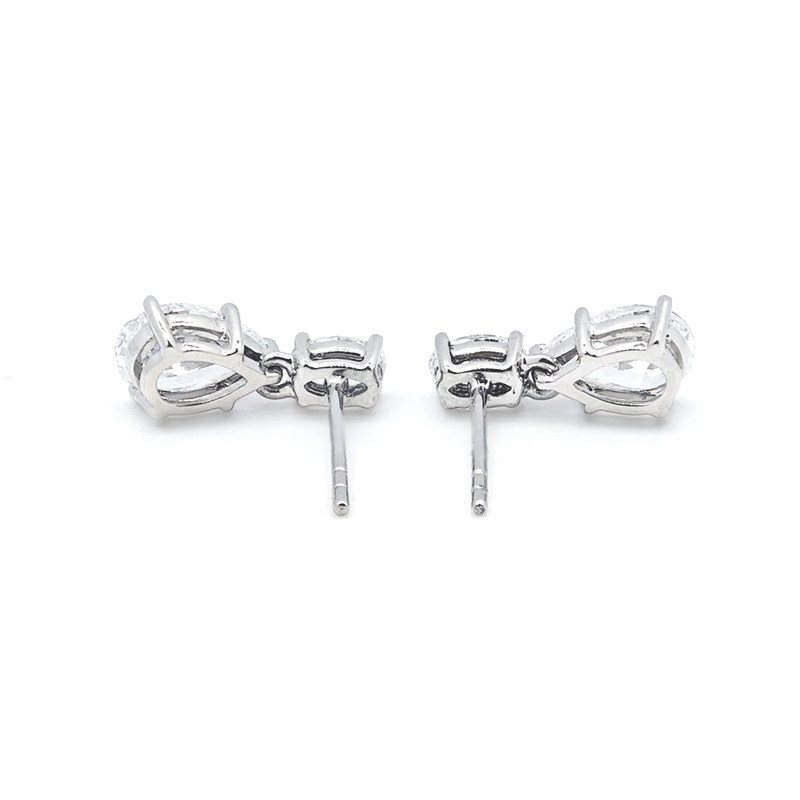 4 Prong Pear Cut Man Made Diamond Drop Earrings With Oval Cut Side Stones backside