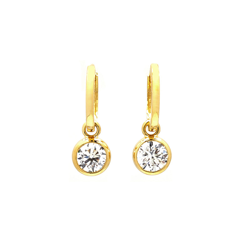 Yellow Gold Bubble Bezel Set Solitaire Round Cut Diamond Drop Earrings