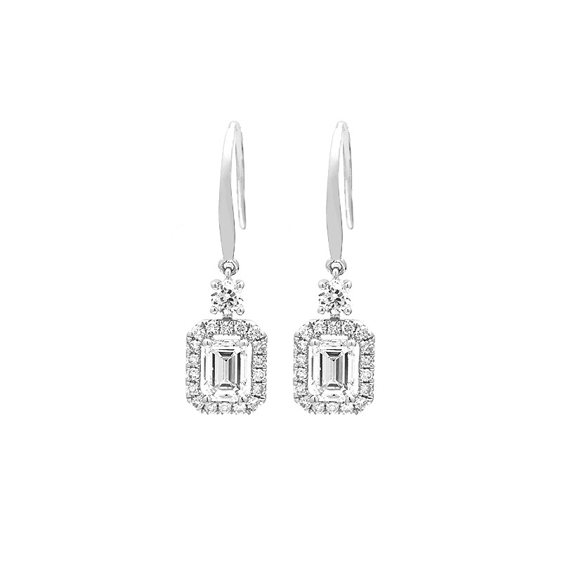 Emerald Cut Solitaire Halo Side Stone Drop Earrings With Ear Wire