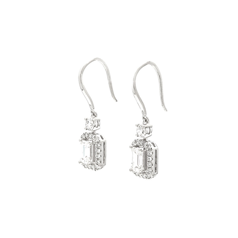 Emerald Cut Solitaire Halo Side Stone Drop Earrings With Ear Wire side view