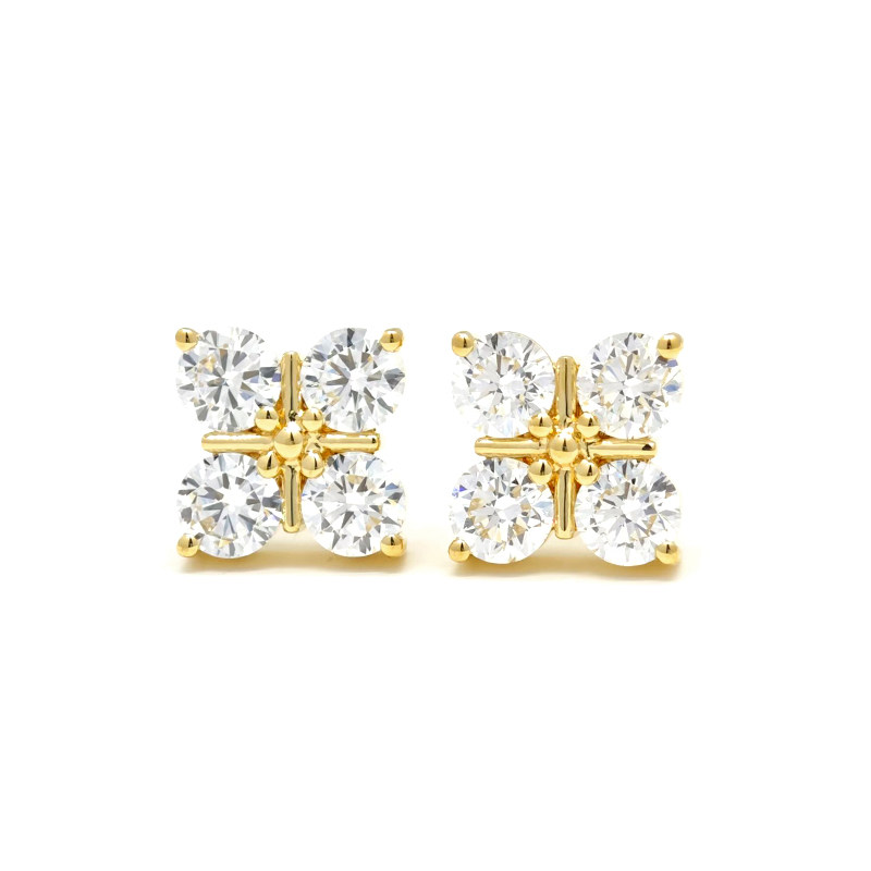 Elegant Floral Four Stone Lab Grown Diamond Stud Earrings in Yellow Gold