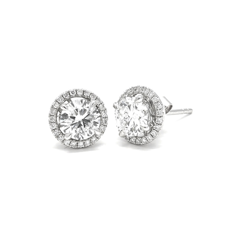 Round Cut Solitaire Detachable Halo Setting White Gold Stud Earrings close up
