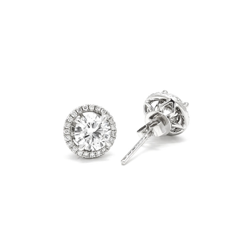 Round Cut Solitaire Detachable Halo Setting White Gold Stud Earrings details