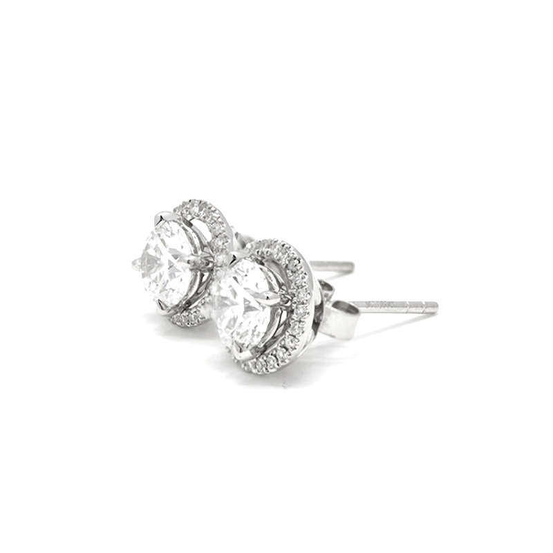Round Cut Solitaire Detachable Halo Setting White Gold Stud Earrings side view
