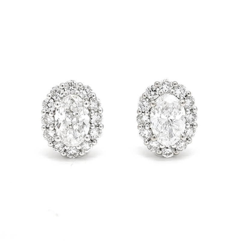 Oval Cut Solitaire Staggered Halo Dual Layer Open Gallery Lab Diamond Stud Earrings