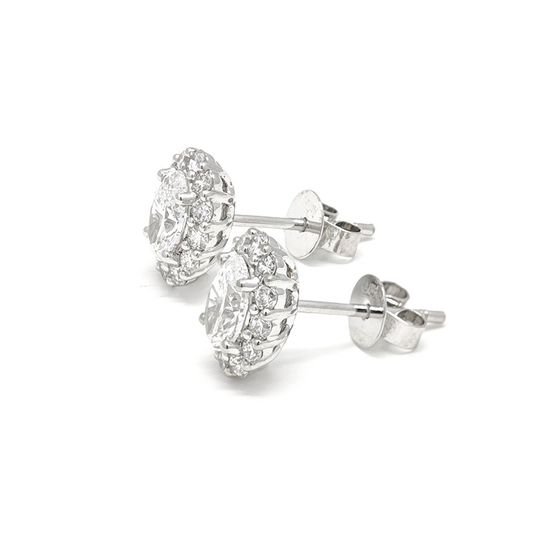 Oval Cut Solitaire Staggered Halo Dual Layer Open Gallery Lab Diamond Stud Earrings side view