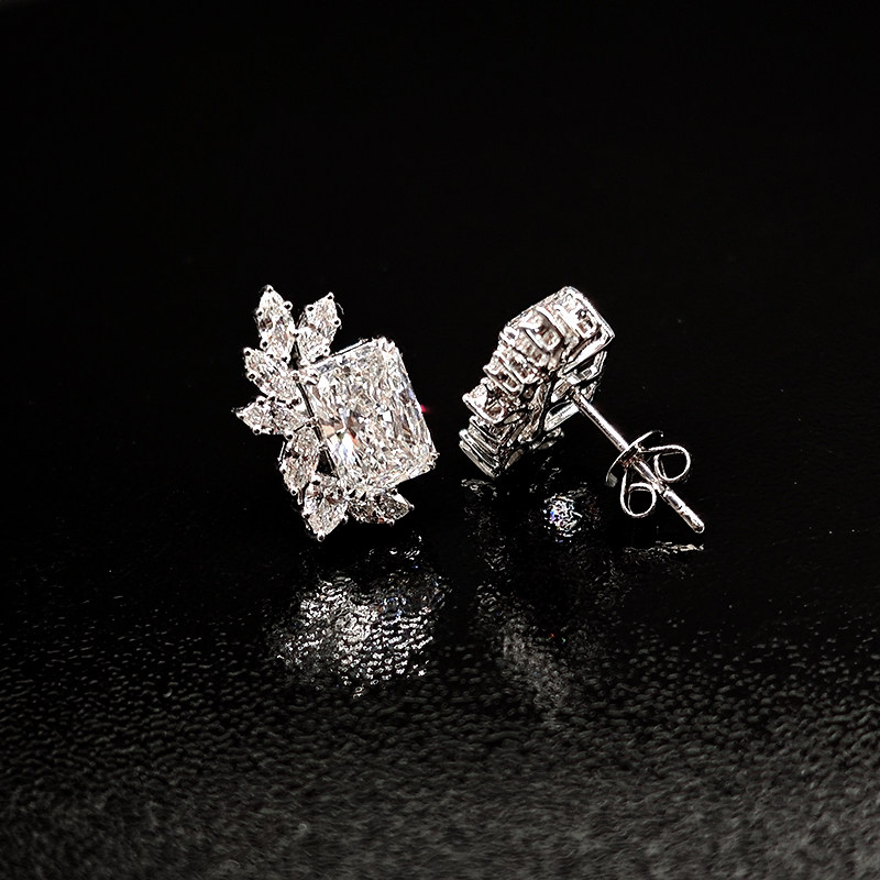 Art Deco Ear Climber Radiant Main Stone &amp; Marquise Side Stones Stud Earrings