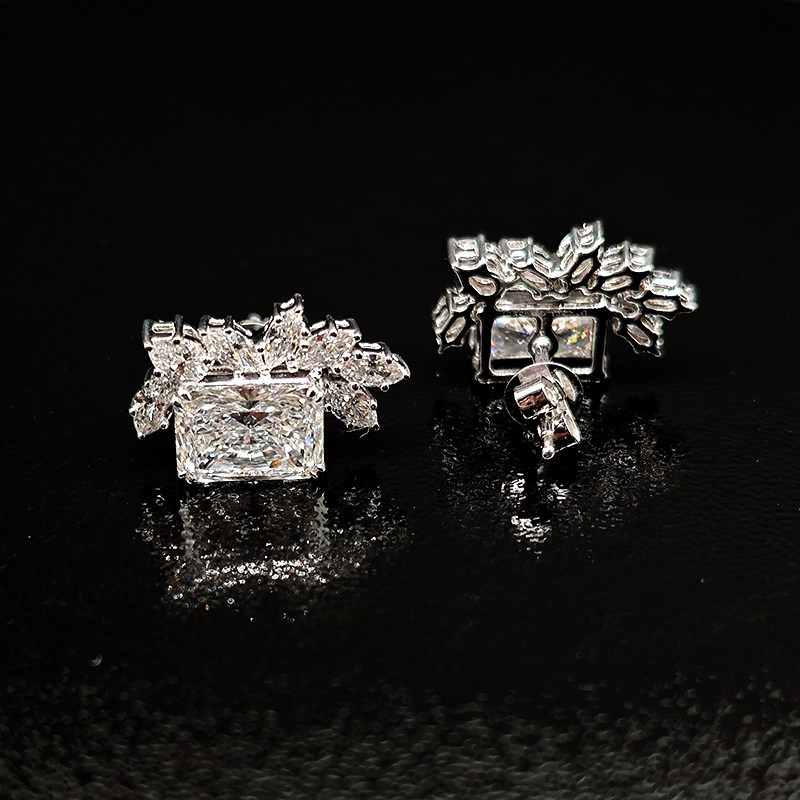Art Deco Ear Climber Radiant Main Stone &amp; Marquise Side Stones Stud Earrings close up