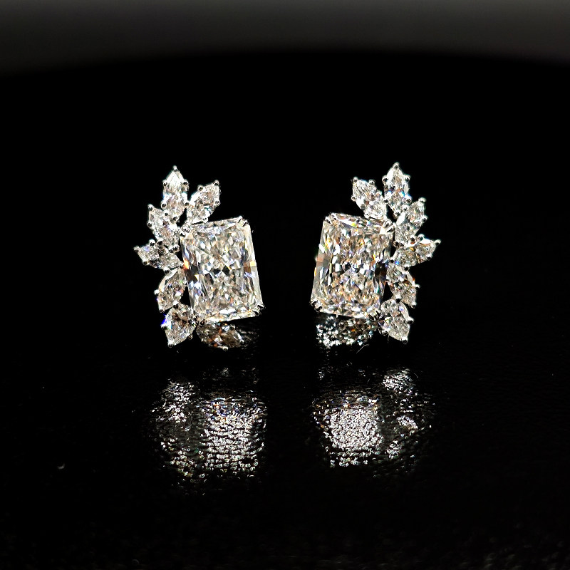 Art Deco Ear Climber Radiant Main Stone &amp; Marquise Side Stones Stud Earrings details