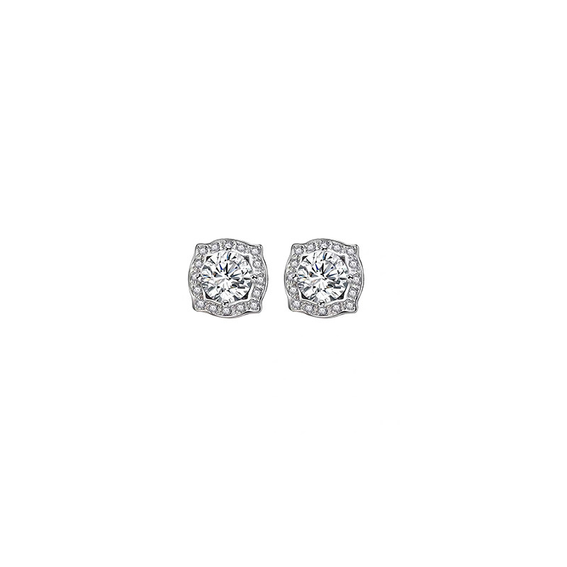 Solitaire Round 4-Pointer Shape Halo Ethical Lab Diamond Stud Earrings in White Gold