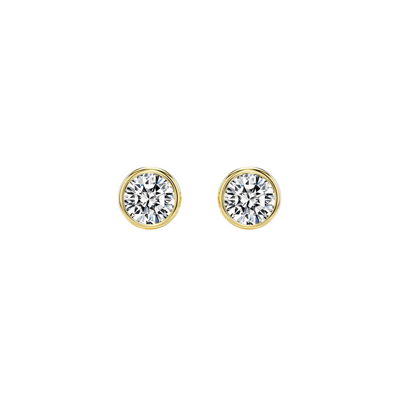 Solitaire Bubble Bezel Round Cut Synthetic Diamond Yellow Gold Stud Earrings
