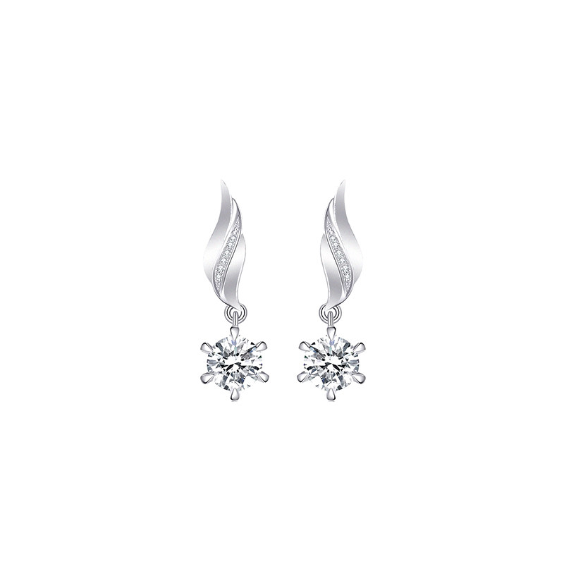6 Prong Solitaire Diamond Drop Earrings With Feathered Wings Shaped Ear Back