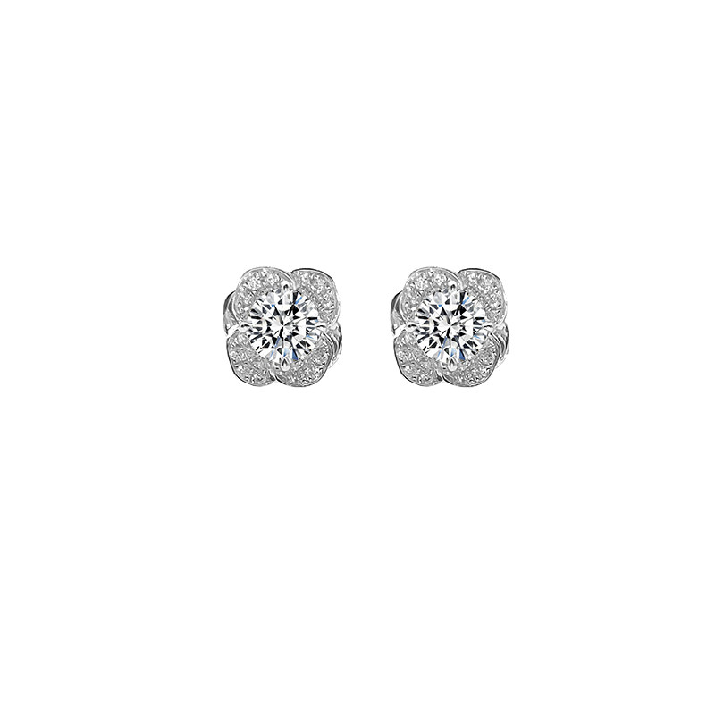Floral Motif Round Cut Stone With Overlapping Petals Pave Lab Diamond Stud Earrings