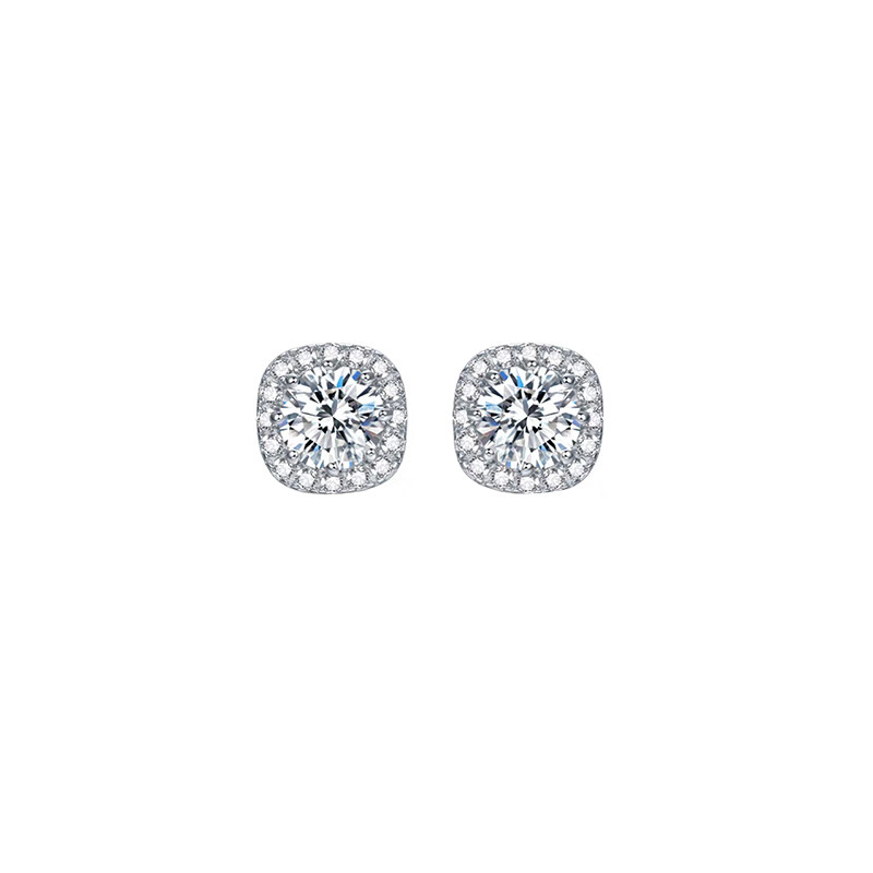 Round Solitaire Cushion Halo Man Made Diamond White Gold Stud Earrings