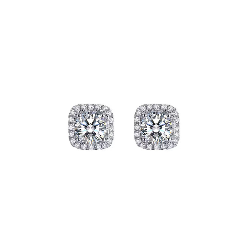 4 Prong Round Cut Main Stone With Cushion Shaped Micro Accents Halo Stud Earrings