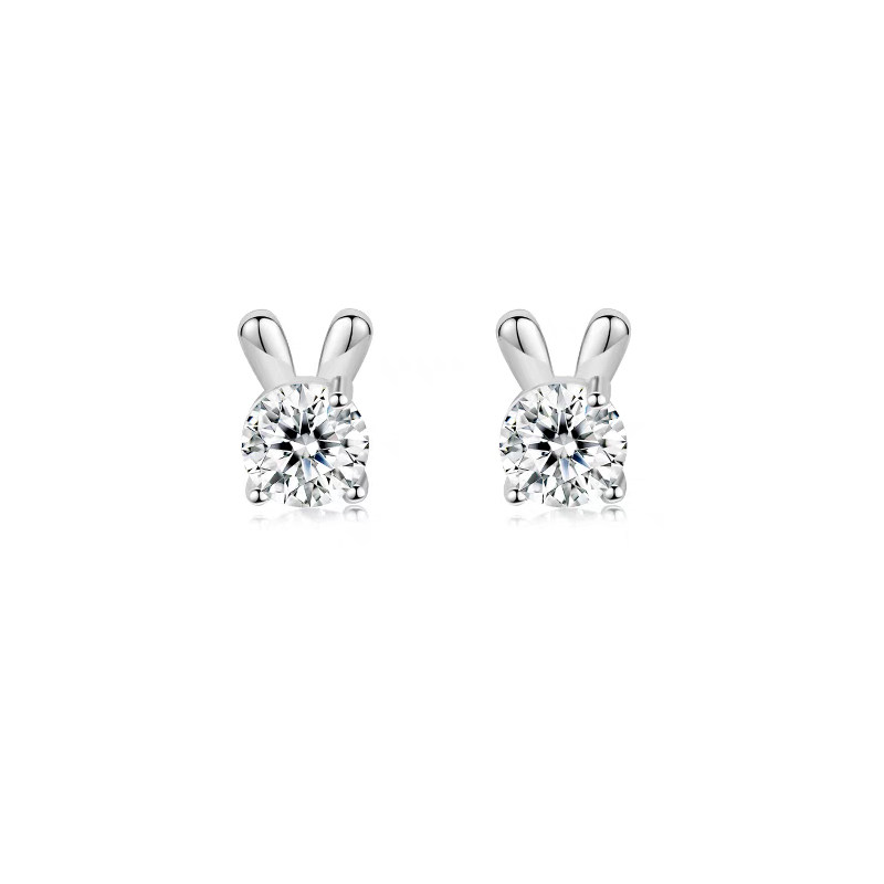 Rabbit Ear Motif 3 Prong Solitaire Round Cut Diamond White Gold Stud Earrings