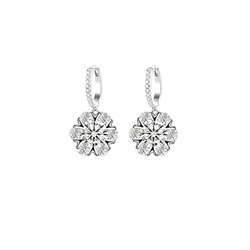 Snowflake Inspired Round Cut Lab Diamonds Drop Earrings with Half Pave Leverback