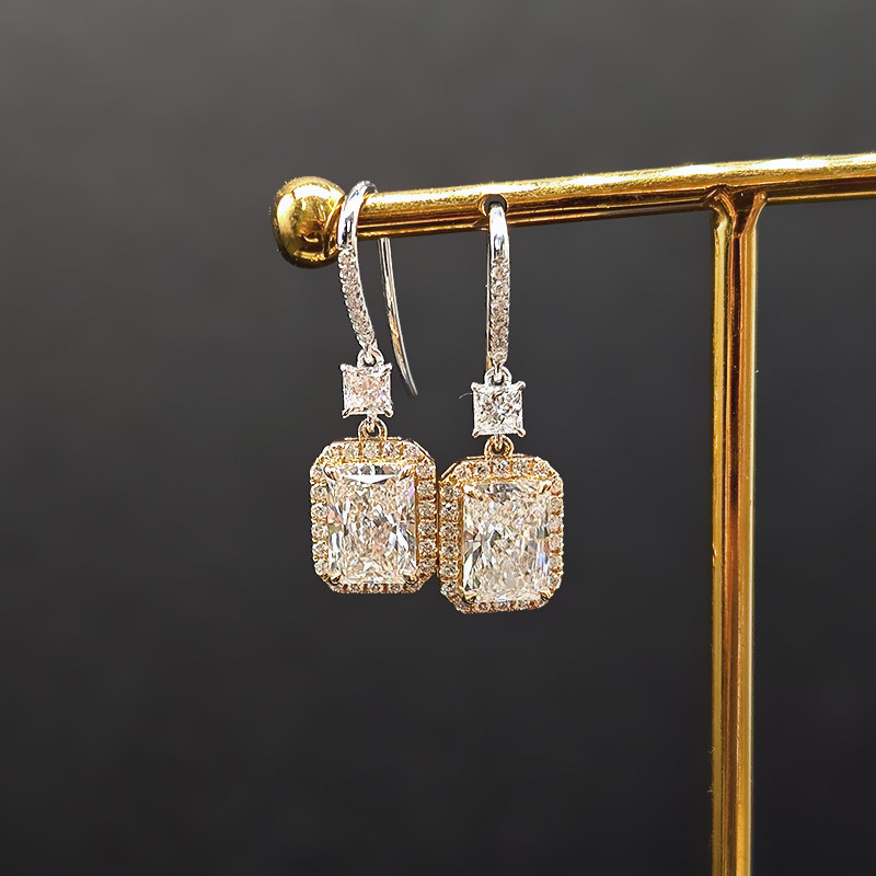 Art Deco Dual Tone Radiant Cut Chamfered Rectangle Halo Diamond Drop Earrings