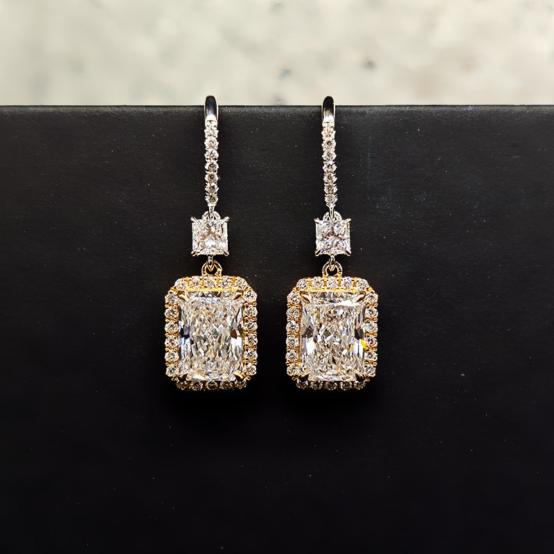 Art Deco Dual Tone Radiant Cut Chamfered Rectangle Halo Diamond Drop Earrings front view