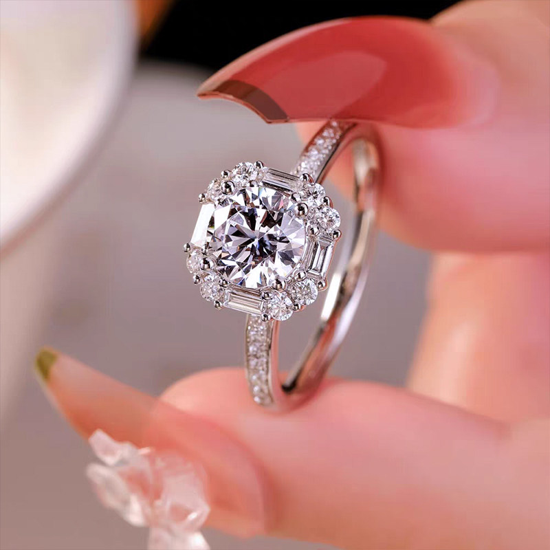 Sparkling Round Cut Main Stone Cushion Halo Engagement Ring With Half Pave Band