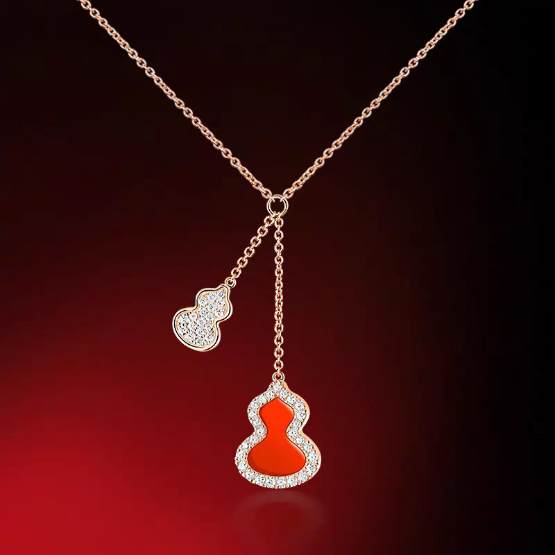 Art Deco Dual Gourd Charm Pave Lab Created Diamond Necklace in black background