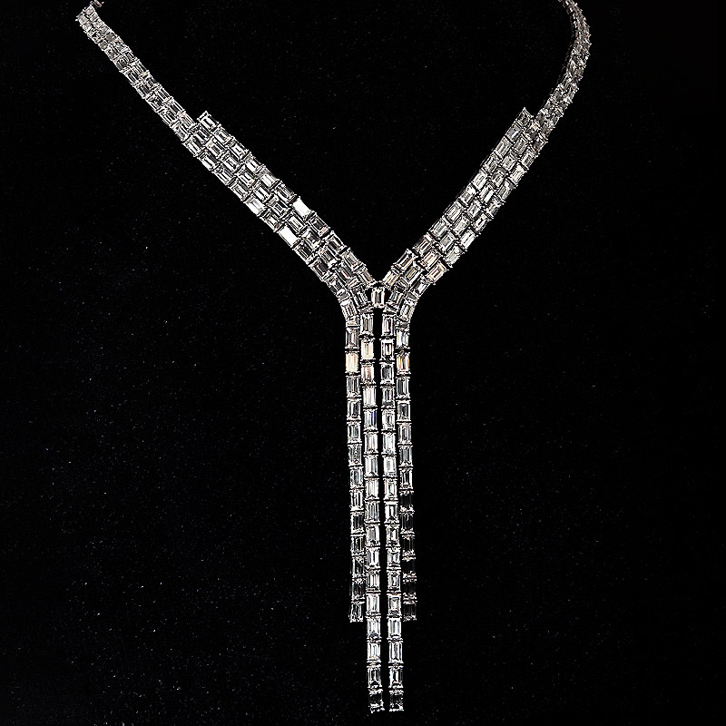 Baguette Cut Lab Diamond Y-Drop Fringe Statement Necklace front view