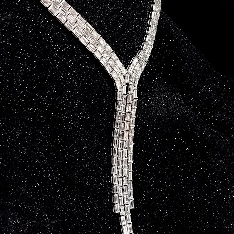 Baguette Cut Lab Diamond Y-Drop Fringe Statement Necklace wearing effect