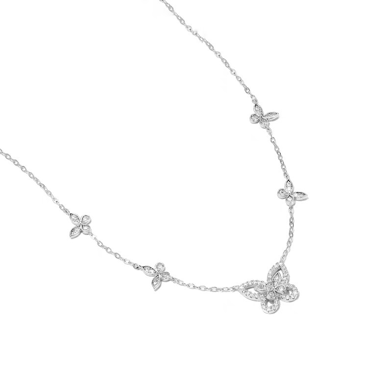 Alternating Butterfly Motif Pave Cultivated Diamond Necklace wearing effect