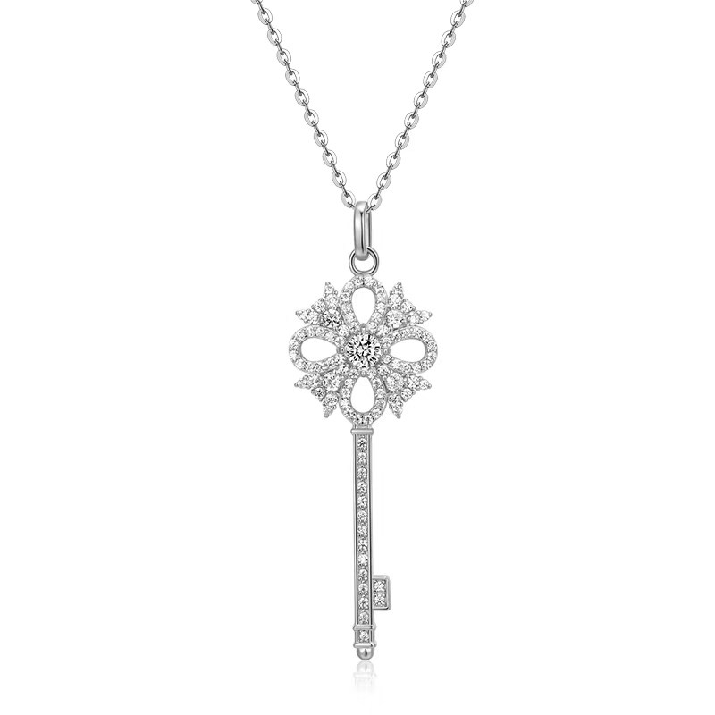 Vintage Floral Key Motif Full Pave Lab Grown Diamond Pendant Necklace