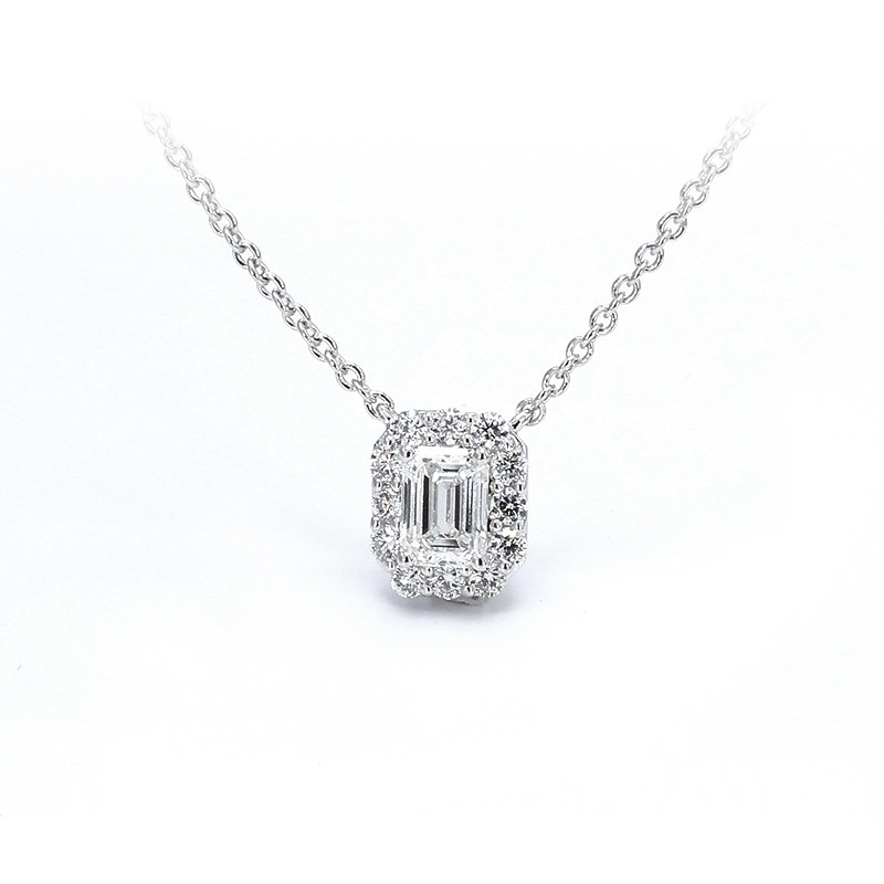 Solitaire Emerald Halo Dual Layer Open Gallery Synthetic Diamond Necklace