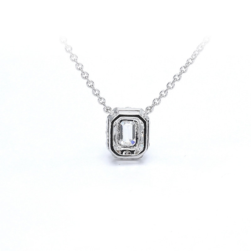 Solitaire Emerald Halo Dual Layer Open Gallery Synthetic Diamond Necklace bottom