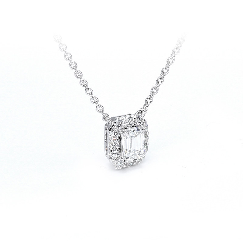 Solitaire Emerald Halo Dual Layer Open Gallery Synthetic Diamond Necklace side view