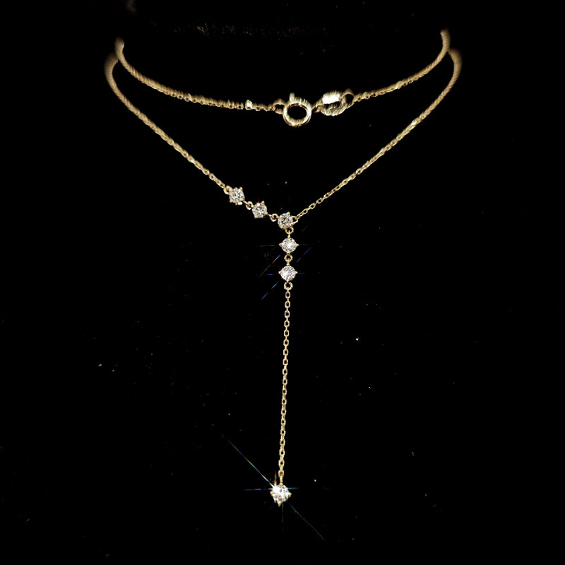Single Vertical Drop Lariat Asymmetric 5 Accents Lab Diamond Necklace wearing