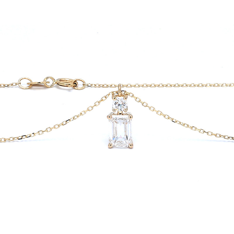 Emerald Cut Main Stone & Round Side Diamond Pendant Necklace front view
