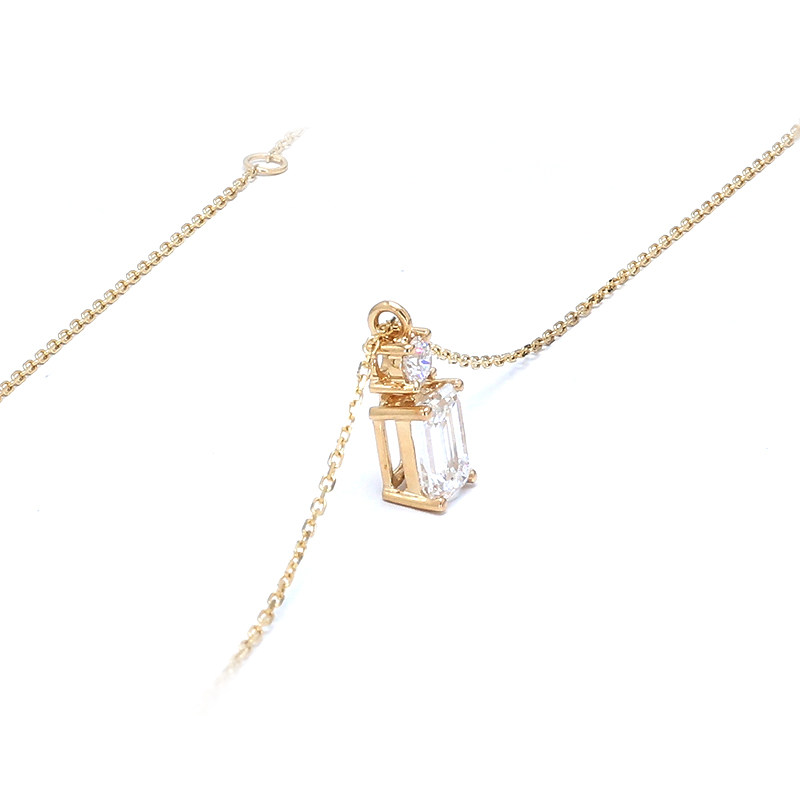 Emerald Cut Main Stone & Round Side Diamond Pendant Necklace in Yellow Gold side view