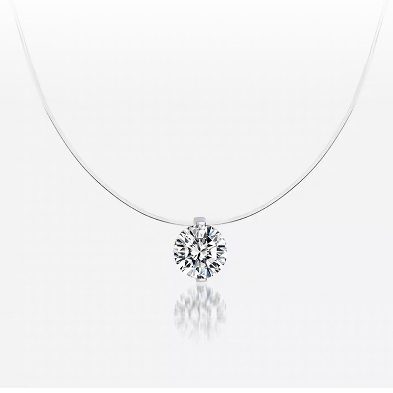 2 Prong Solitaire Pierced Round Cut Floating Set Diamond Necklace With Transparent Plastic Rope