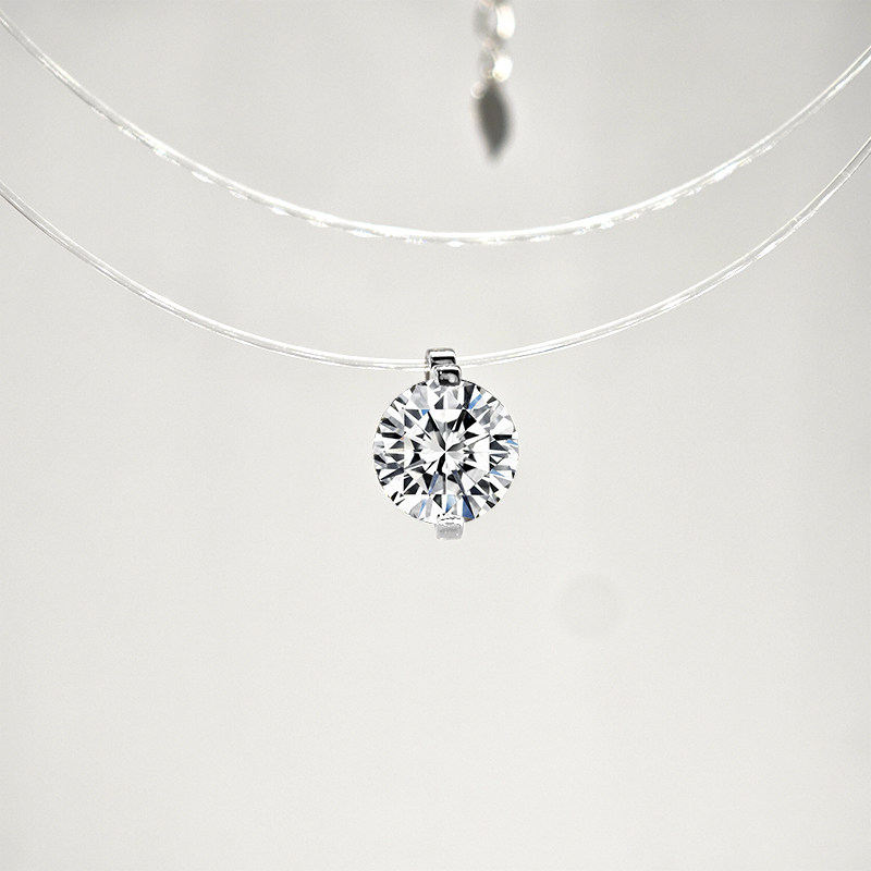2 Prong Solitaire Pierced Round Cut Floating Set Diamond Necklace With Transparent Plastic Rope details
