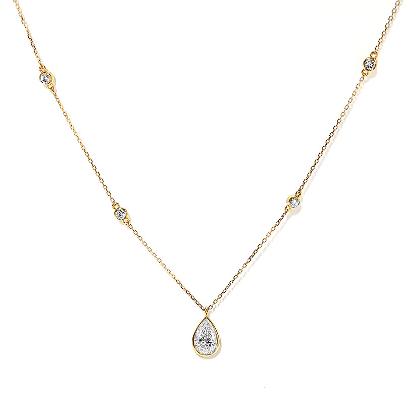 Solitaire Pear Cut Bezel Open Gallery Pendant Alternating Bubble Bezel Accents Diamond Necklace