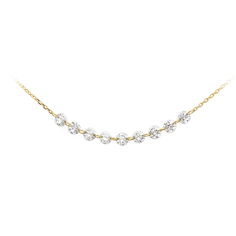 9 Pierced Lab Diamonds Alternating Connected Yellow Gold Necklace front view