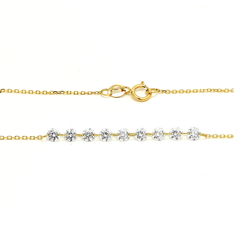 9 Pierced Lab Diamonds Alternating Connected Yellow Gold Necklace with spring ring clasp