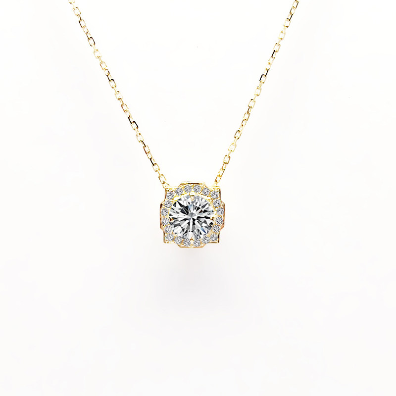 Square Octagon Frame Round Cut Main Stone Halo Lab Diamond Yellow Gold Necklace