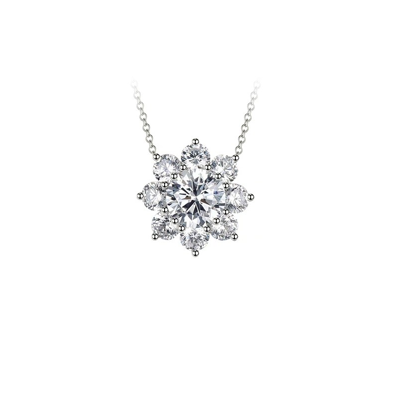 Sunflower Motif Beads Shaped Prong 9 Man Made Diamond Necklace in white gold