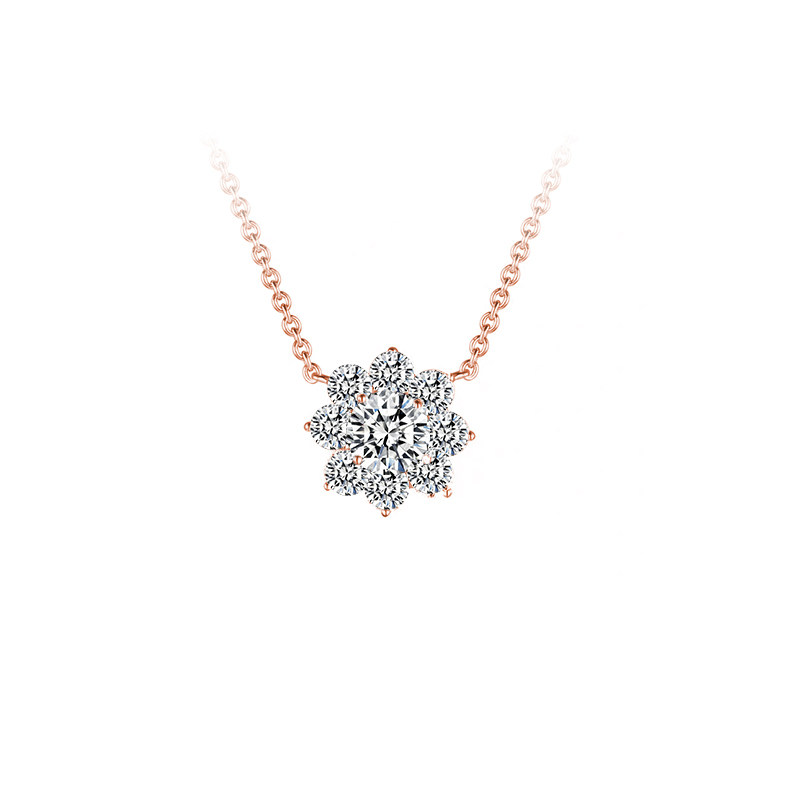 Sunflower Motif Beads Shaped Prong 9 Man Made Diamond Necklace in rose gold