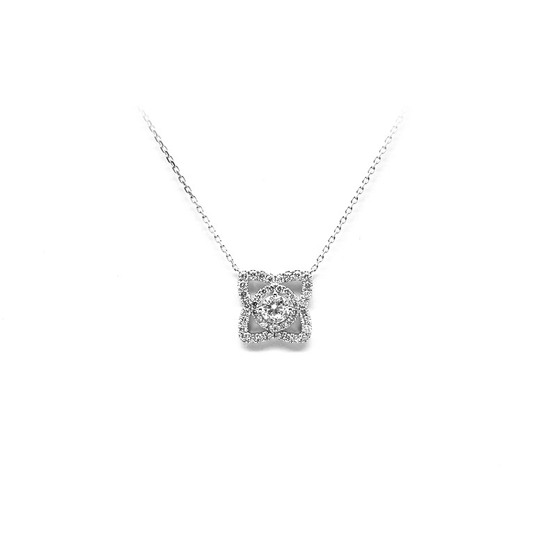 Four-Leaf Clover Frame Pave Round Cut Spacing Halo Diamond Necklace