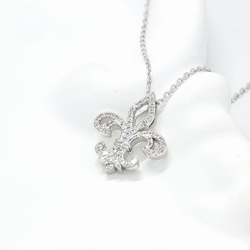 Art Deco Fleur-de-lis Frame Full Pave Lab Diamond Pendant Necklace close-up