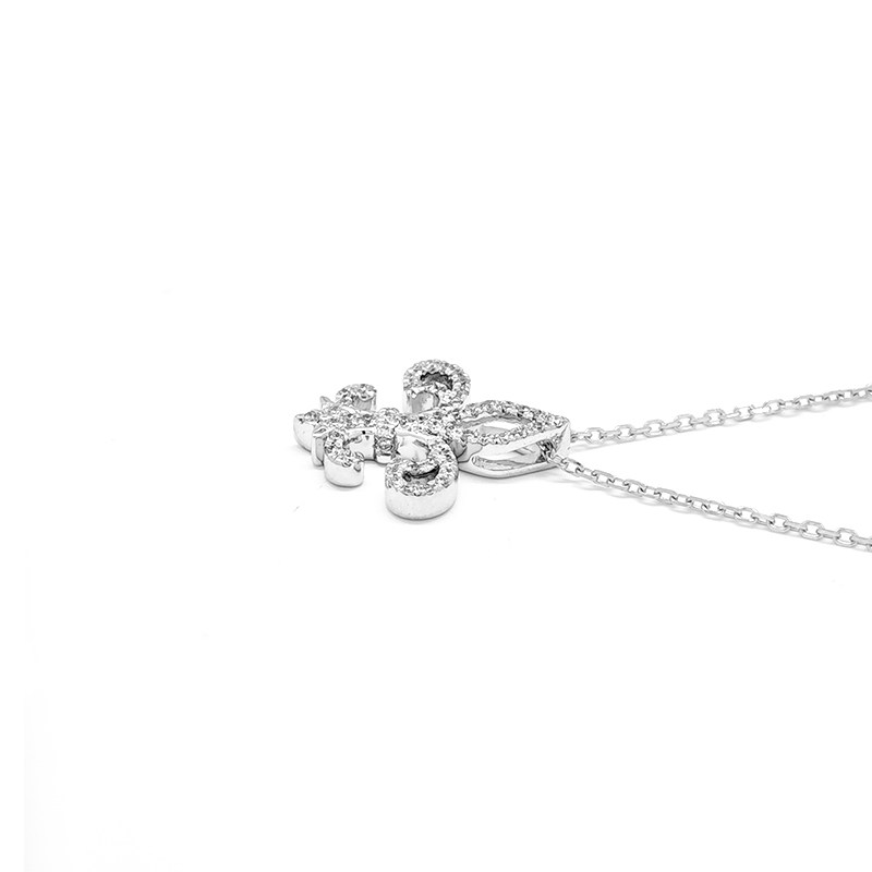 Art Deco Fleur-de-lis Frame Full Pave Lab Diamond Pendant Necklace on table