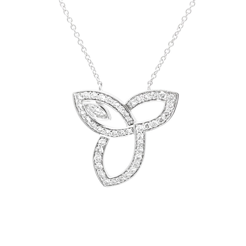 Art Deco Intertwined 3-Leaf Frame Pave Lab Cultured Diamond Pendant Necklace