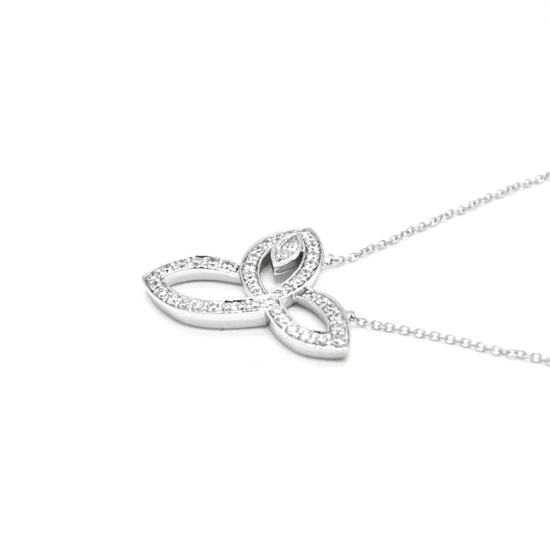 Art Deco Intertwined 3-Leaf Frame Pave Lab Cultured Diamond Pendant Necklace close up