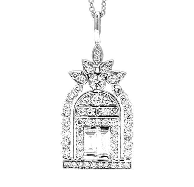 Art Deco Floral Arch Door Frame Full Pave Lab Created Diamond Pendant Necklace